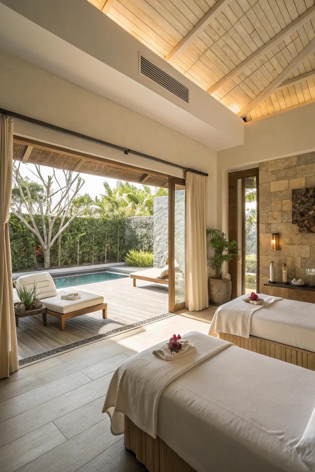 Create an airy and expansive spa with an unrestricted arrangement.