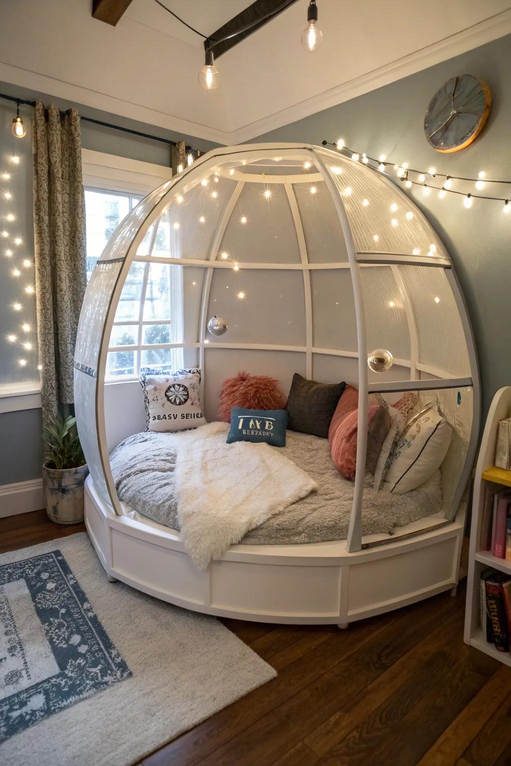 A celestial pod reading nook that invites exploration through books.
