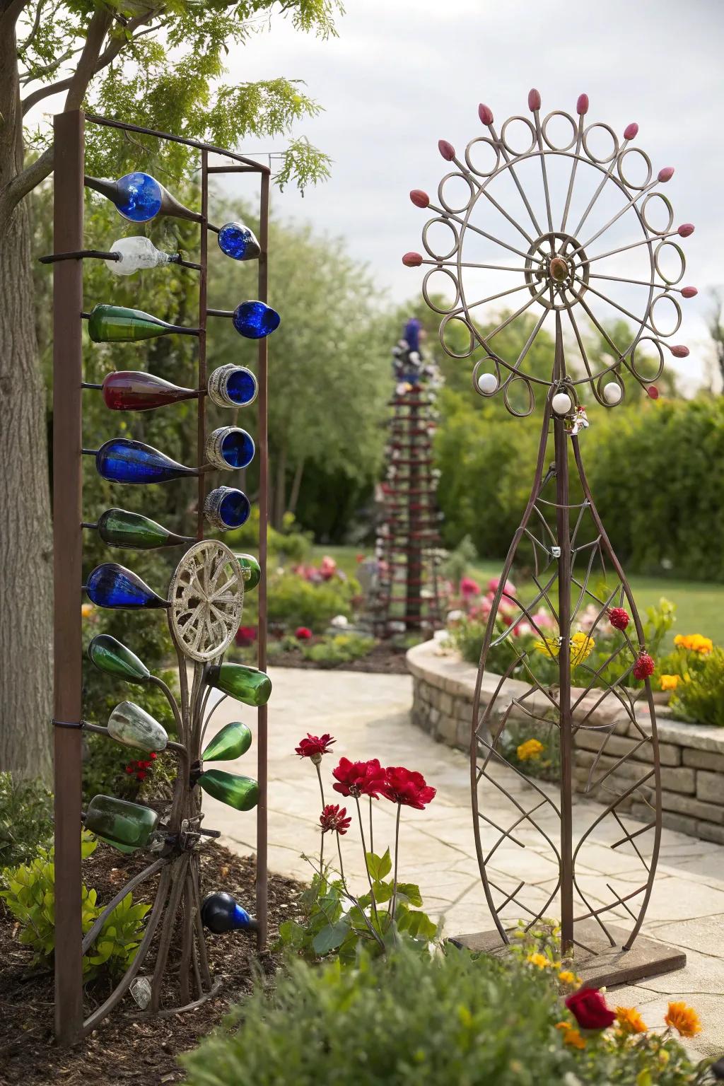 Reclaimed resources append ingenuity and allure to garden art endeavors.