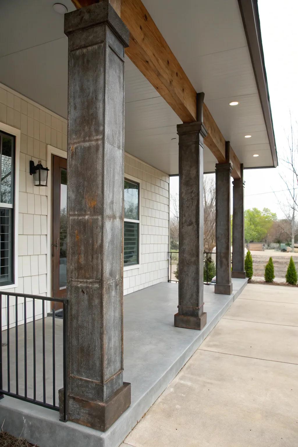 Raw metal rectangular pillars add an factory edge to this veranda.