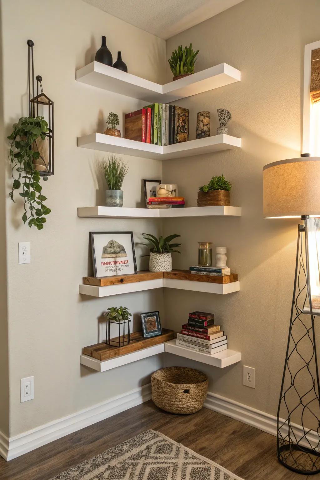 Surprising utilization of corner space featuring tiered ledges.