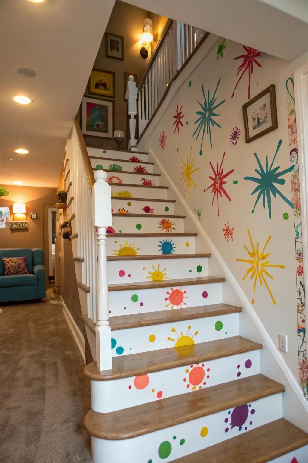 Unexpected shade bursts append a playful accent to this quirky stairwell.