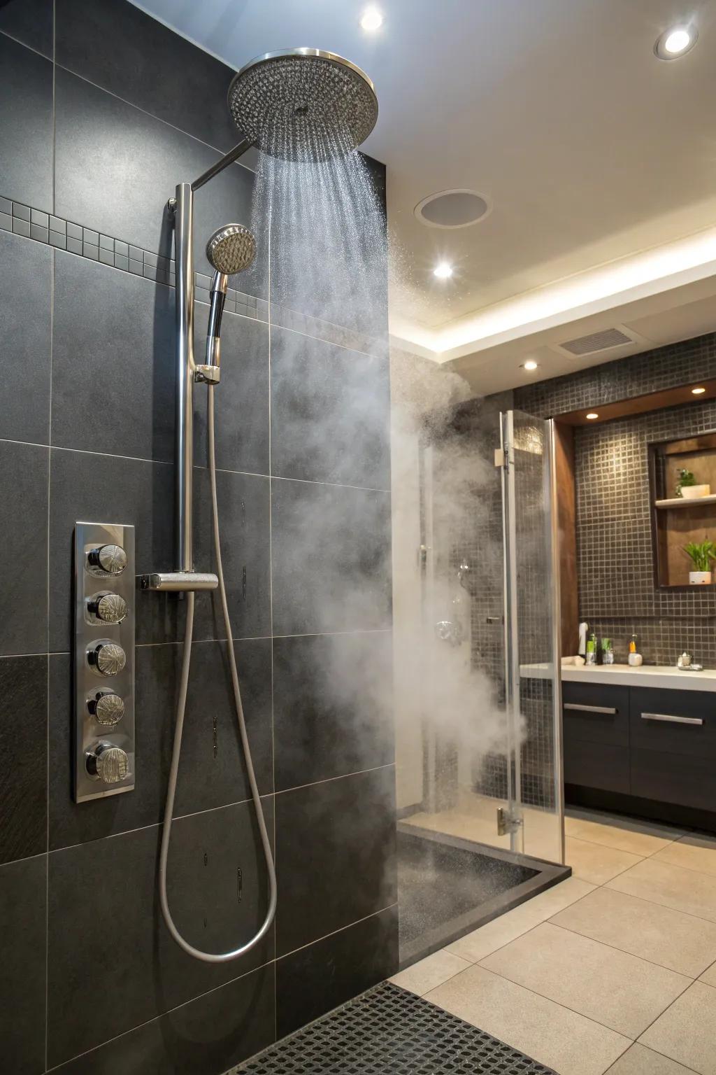 Rain shower systems enhance the relaxing experience of steam enclosures.