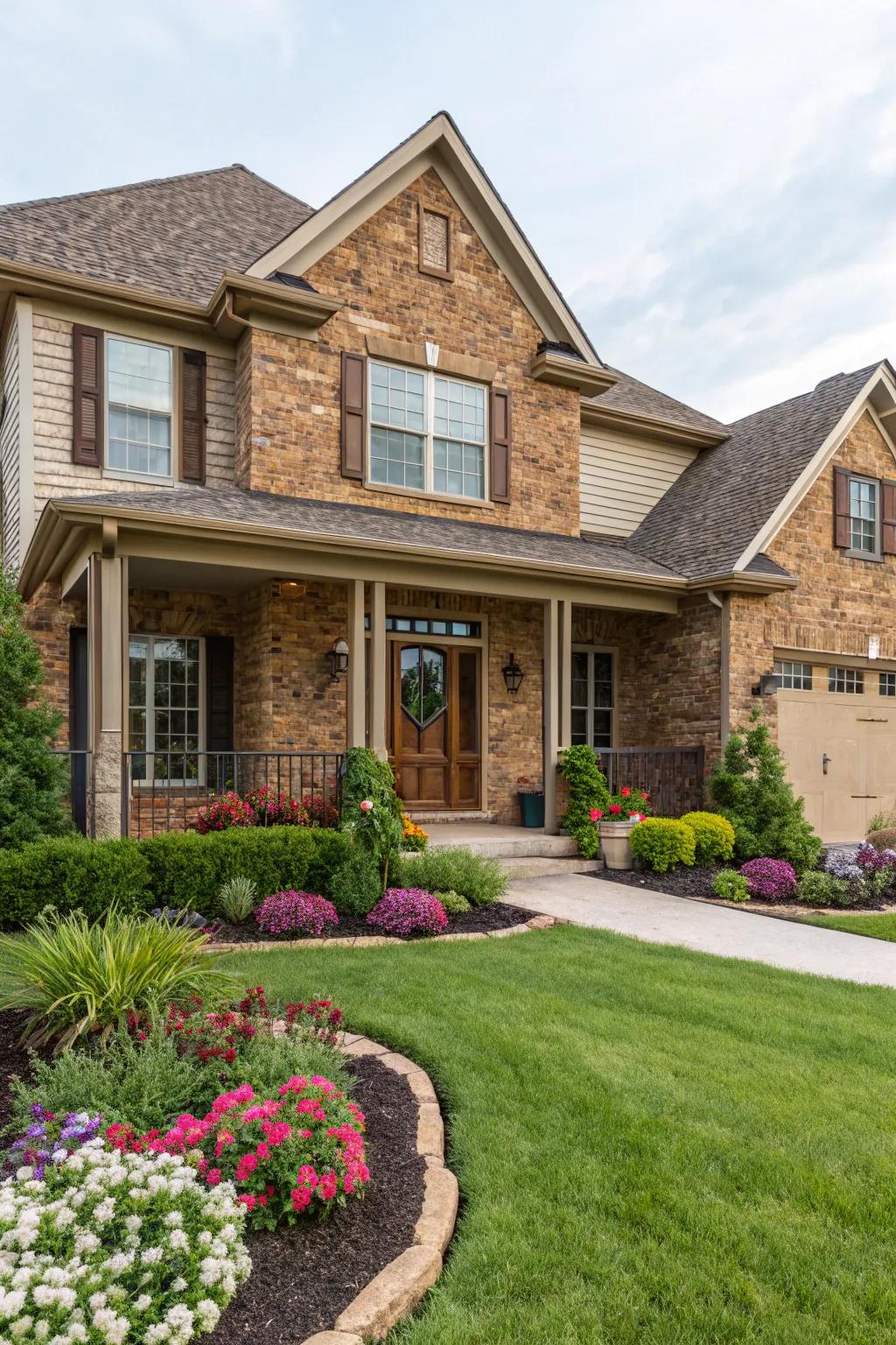 Warmth and texture with brown brick and sandstone veneer.