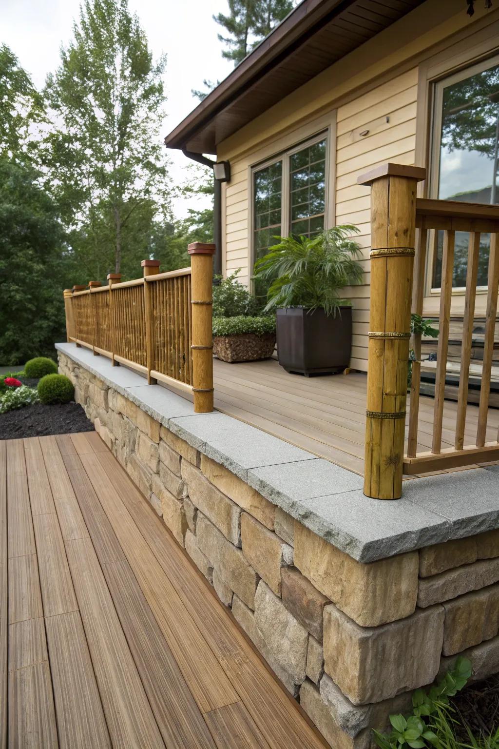 A tranquil deck featuring a harmonious blend of rock and bamboo skirting.