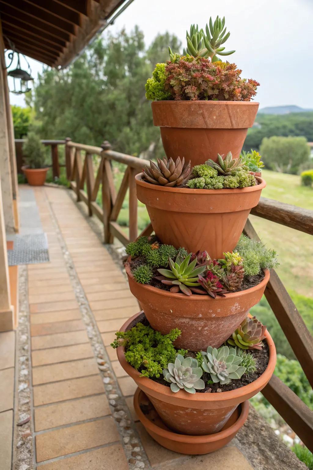 A tiered earthenware arrangement displaying a variety of succulents.