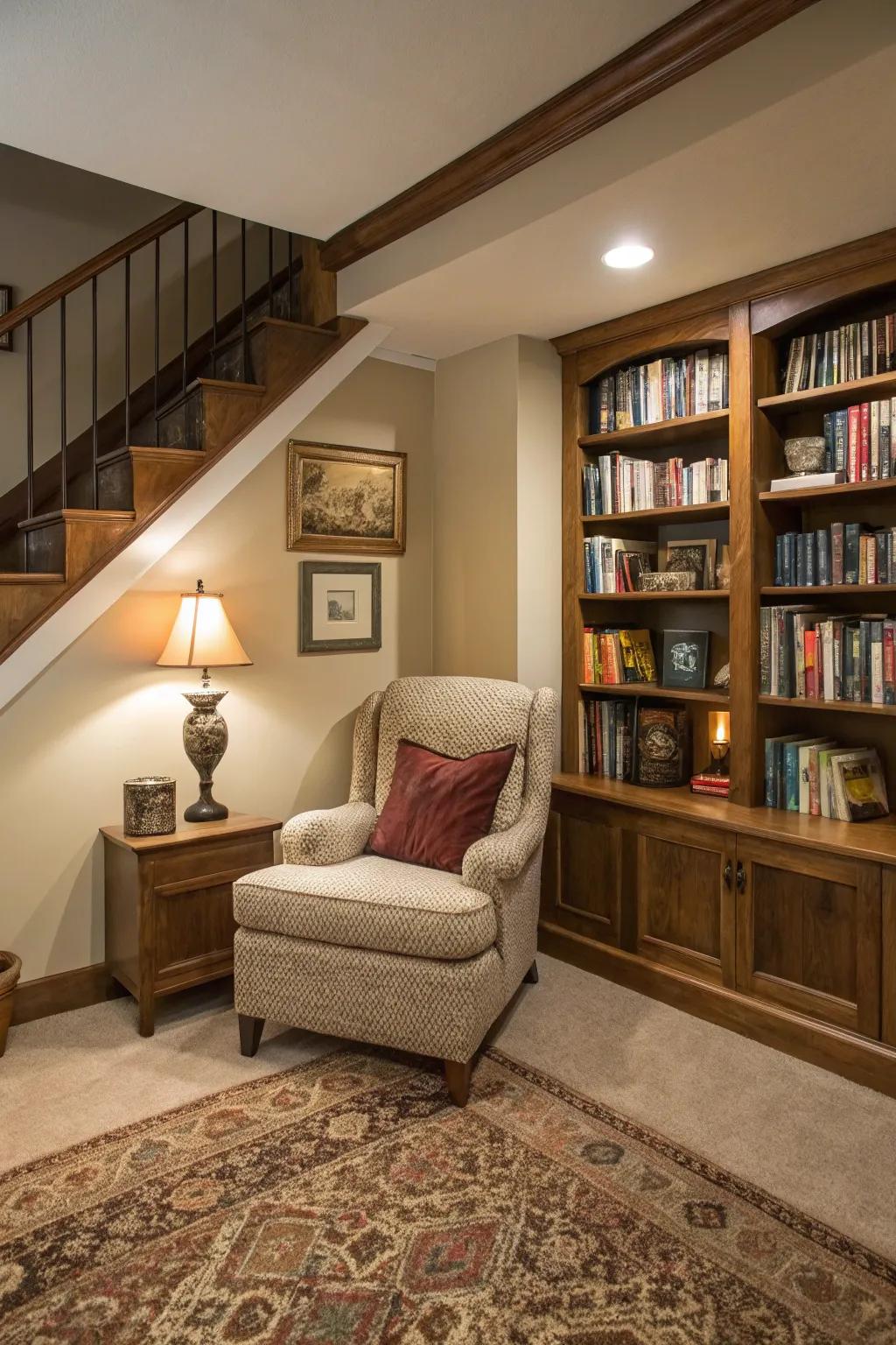 A sunken living room with a cozy reading nook.
