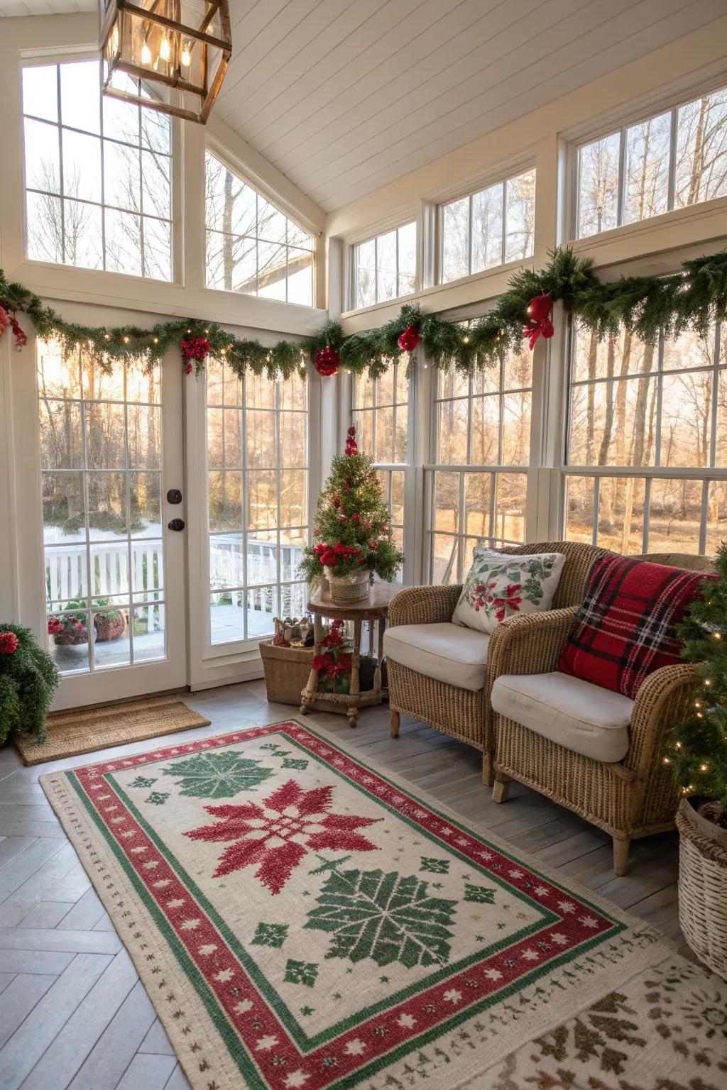 A holiday-themed floor covering unifies your sun parlor ornamentation.