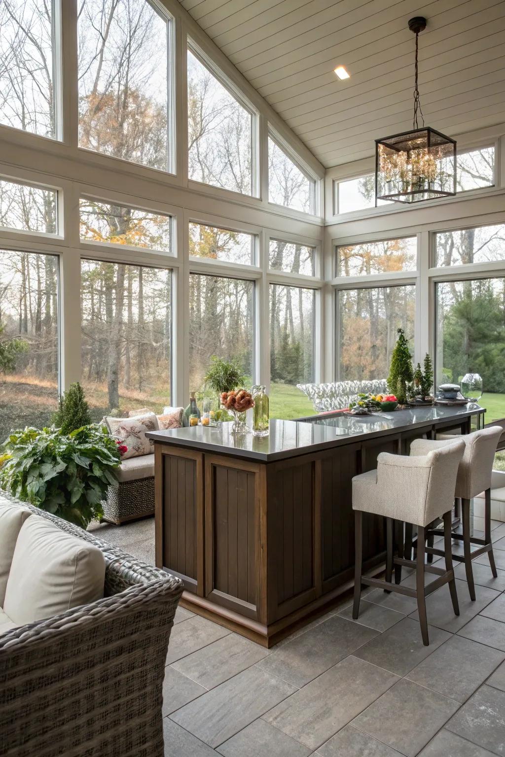 An inviting inside-outside bar in the sunroom.
