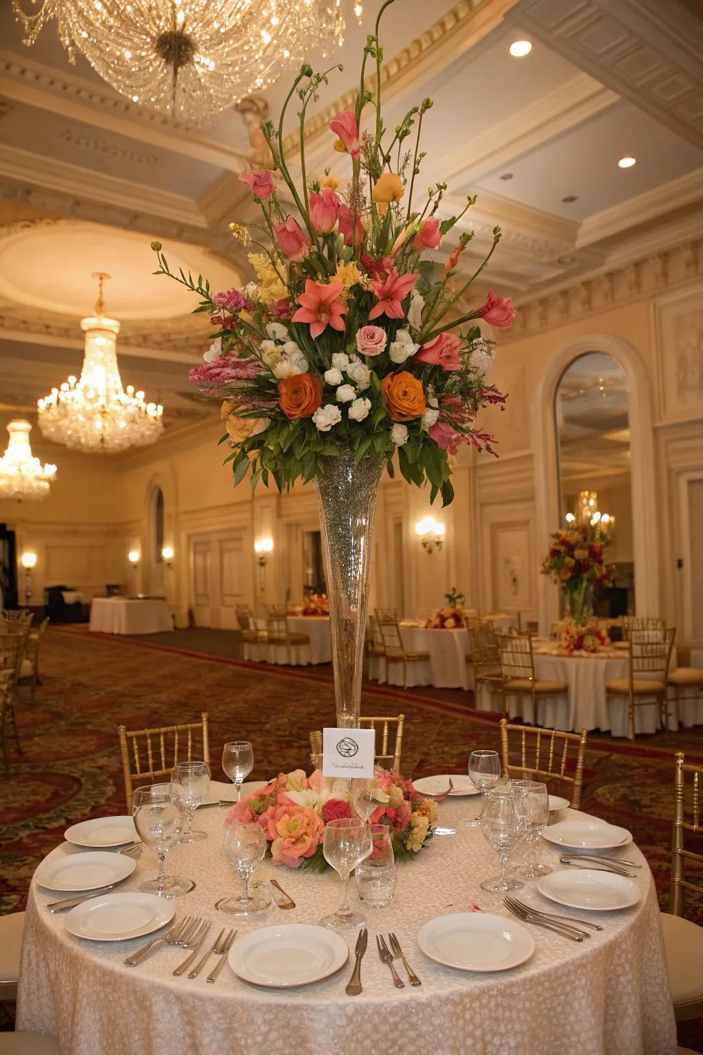 A soaring vertical floral arrangement attaches drama and class to the table.