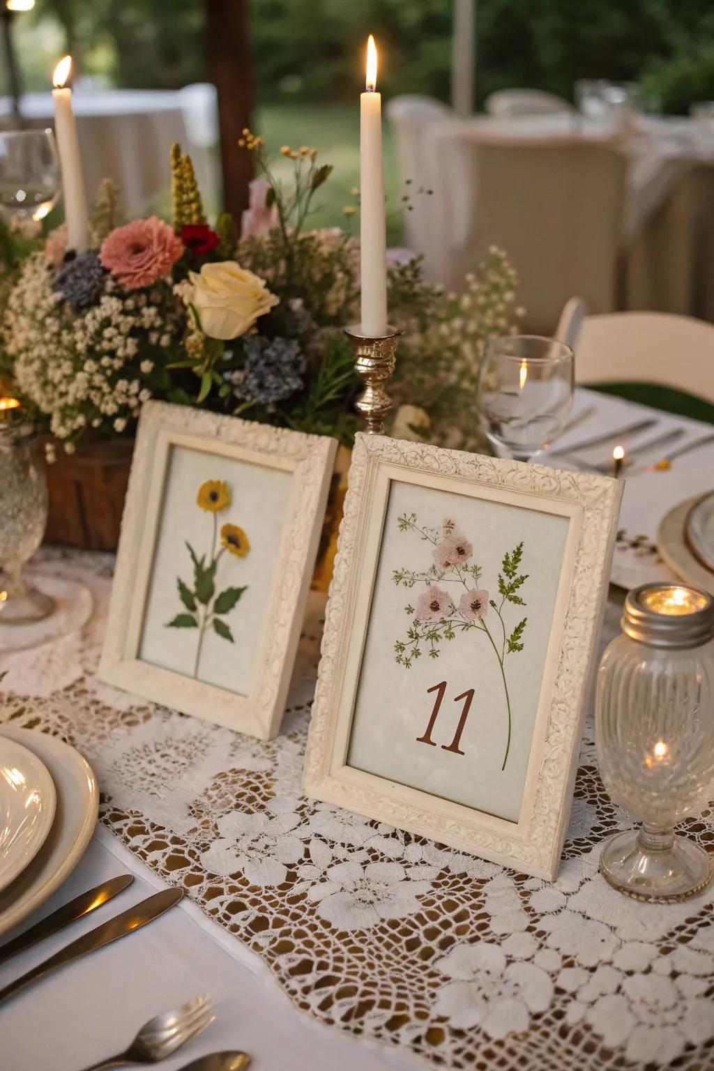 Imprinted blossom frames deliver a natural and romantic table aesthetic.