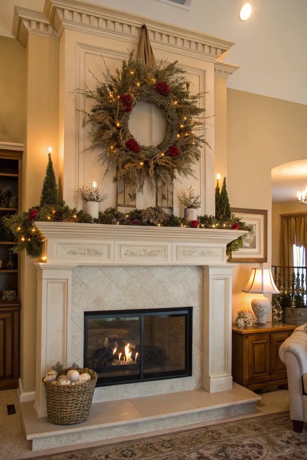 A tall mantel that emphasizes seasonal garlands that give off a joyful vibe.