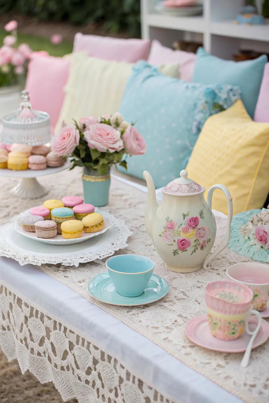 A soft-hued coloration scheme fashions a delicate and dreamy atmosphere for the tea gathering.