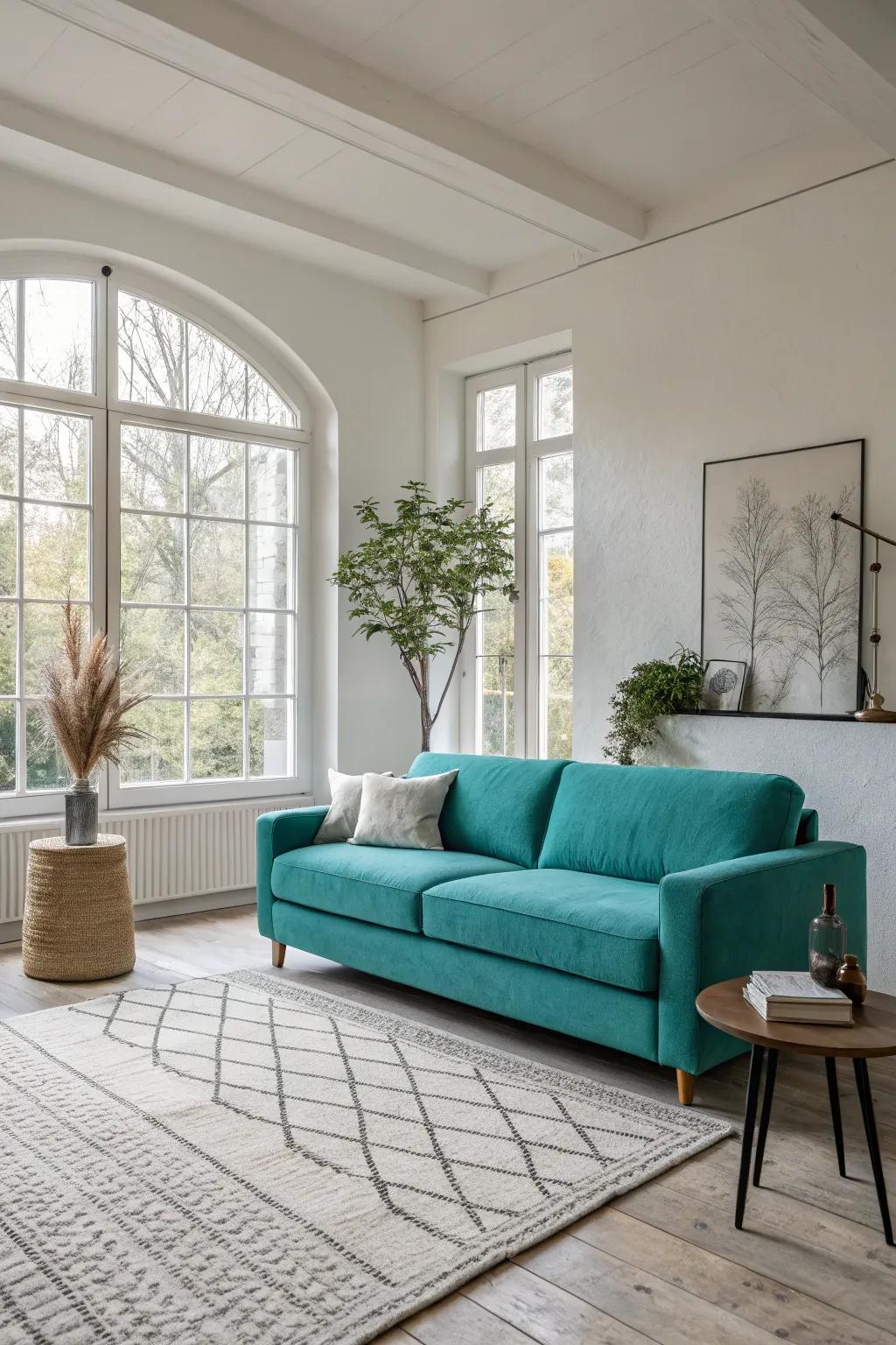 A minimalist approach underscores the splendor of a cobalt settee.