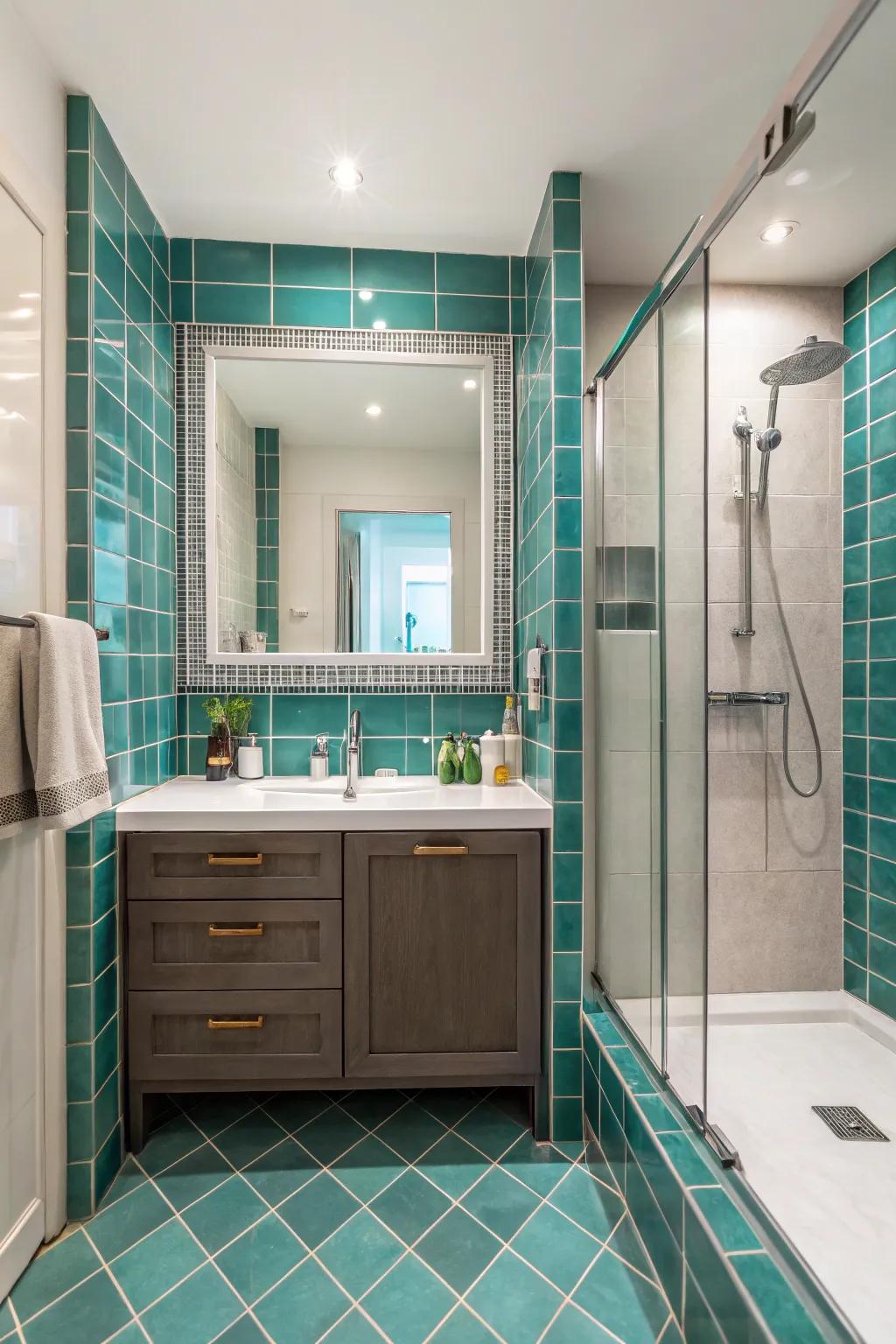 Turquoise ceramic borders infuse definition and elegance to your bathroom.