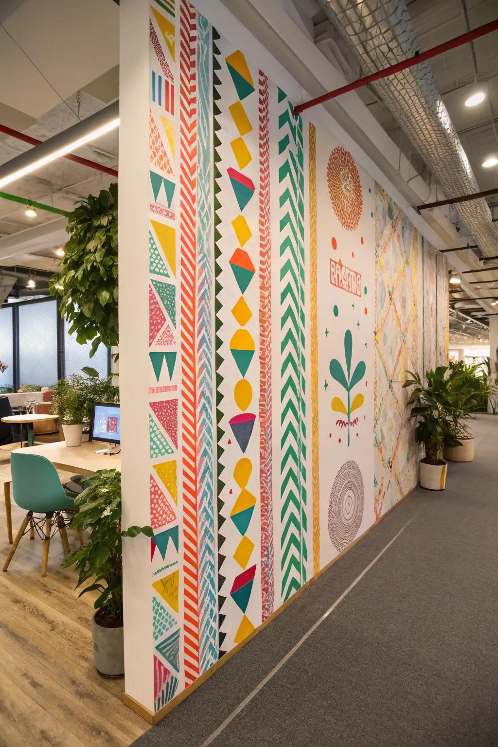 Adhesive craft tape adds vibrant patterns to a modular wall, enhancing creativity.
