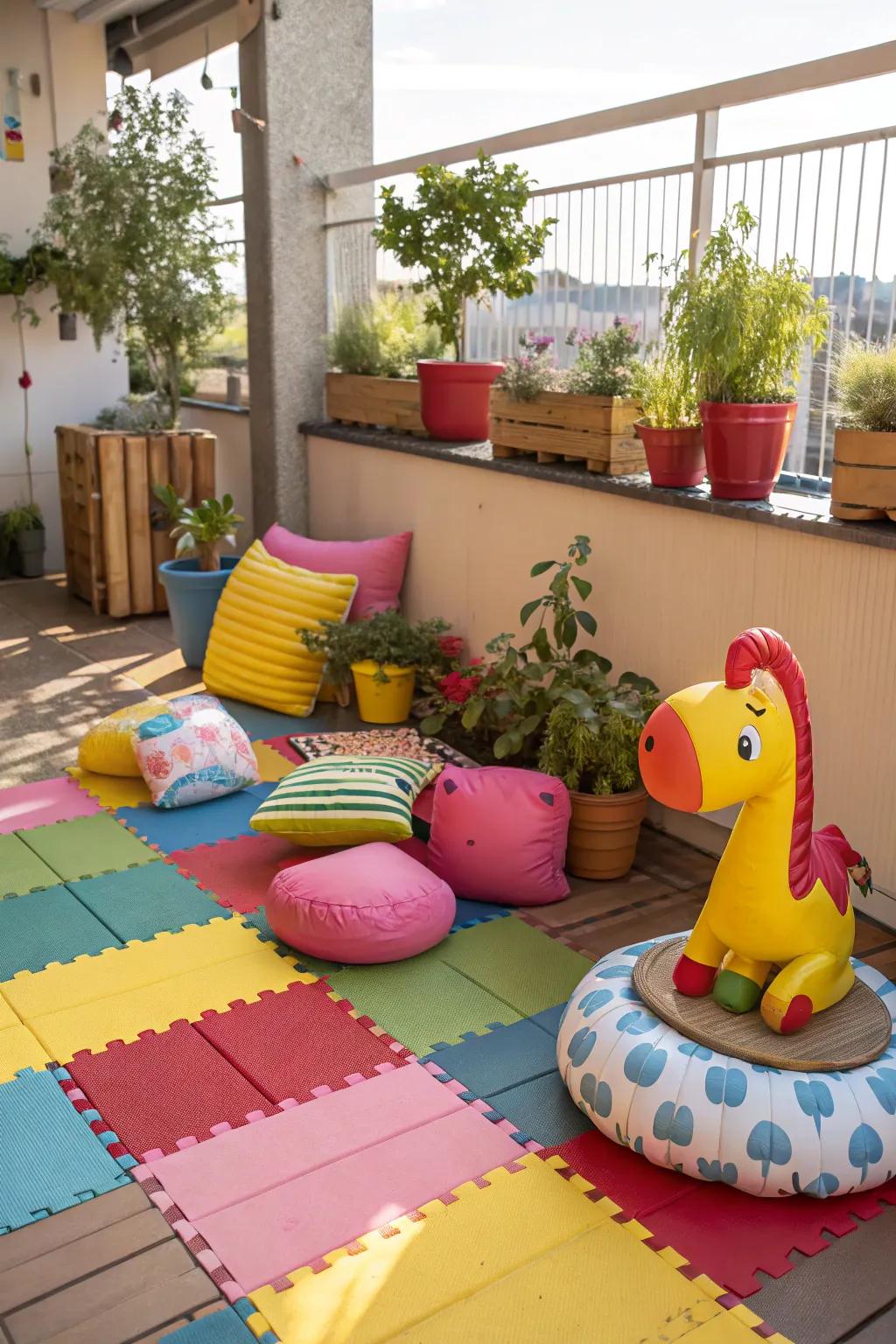 Rubber squares offer a safe and fun ground option for patios.