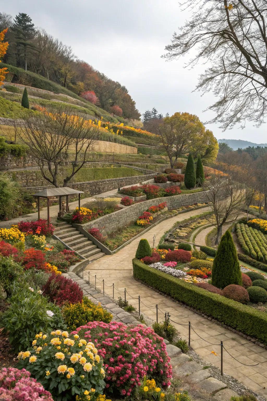 Seasonal decor in a layered garden, ensuring the space remains fresh and inviting throughout the year.