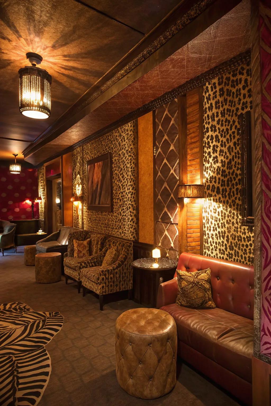 This lounge utilizes walls textured with exotic faux animal skin.