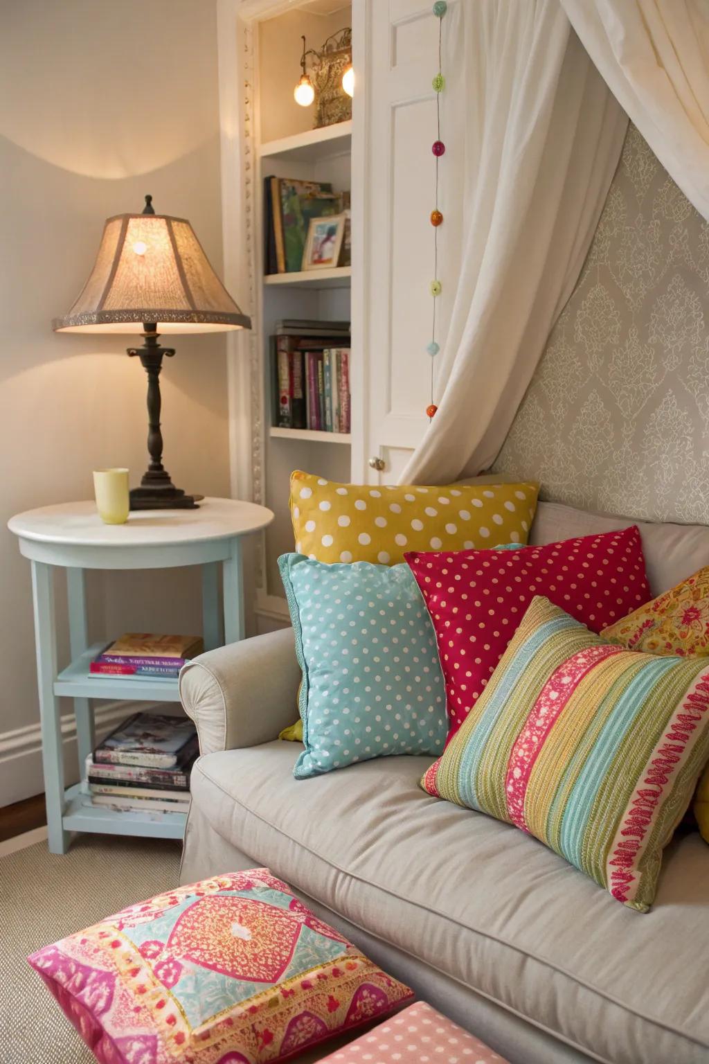 A snug and welcoming nook with a cozy cushion arrangement.