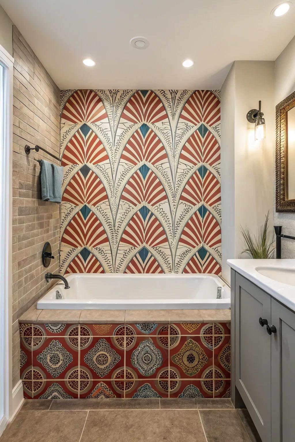 Patterned accent walls craft a visually striking central point in your bathroom.