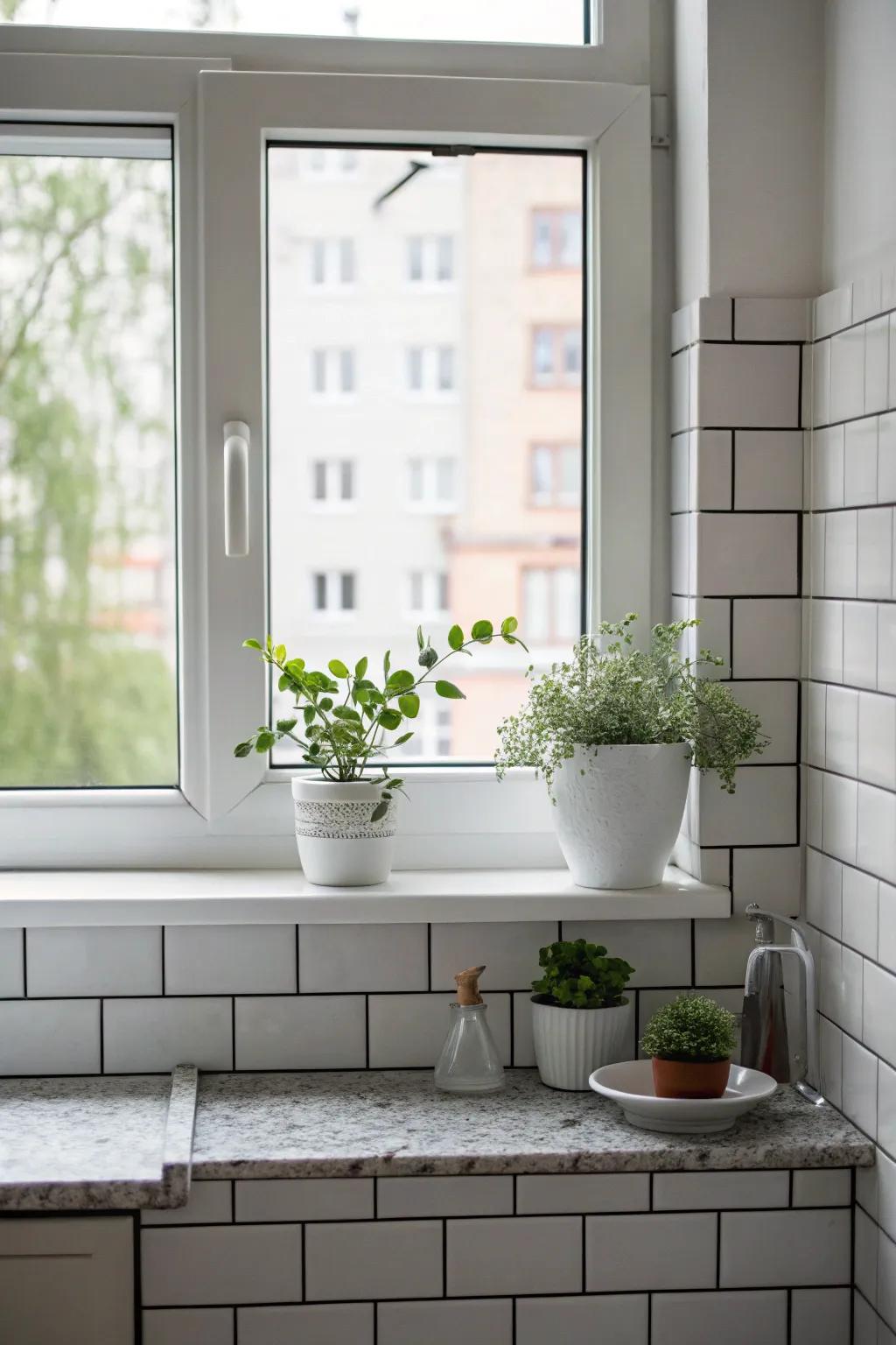 Subway tiles provide a clean, simple, and budget-friendly solution for this kitchen window sill.