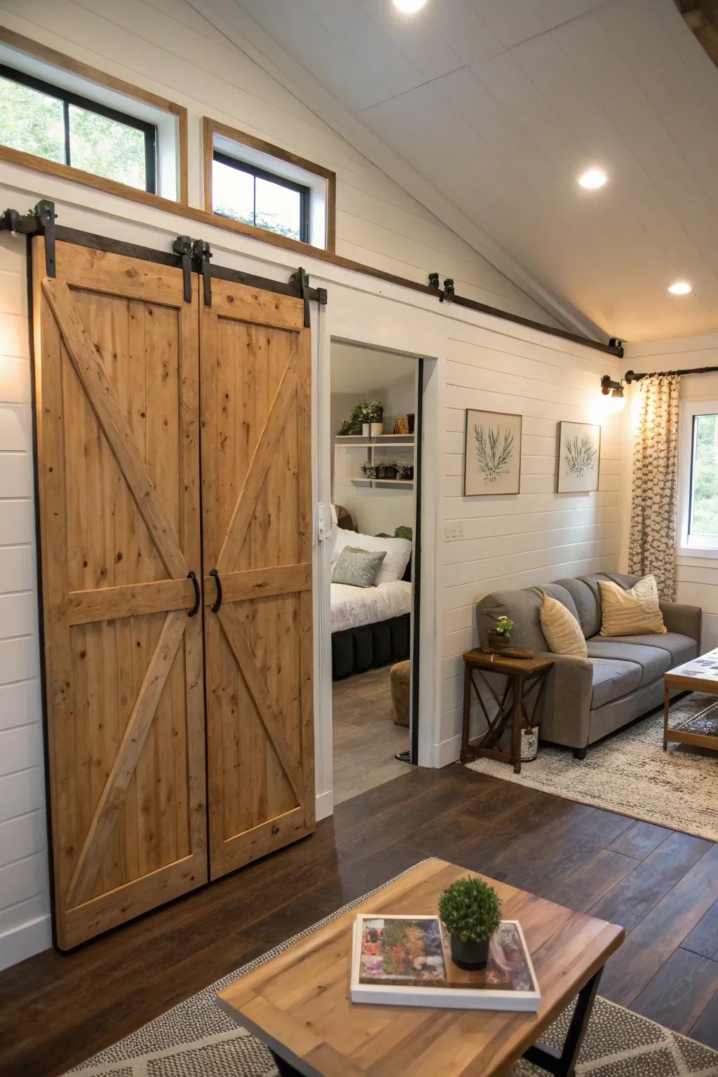 Sliding barn doors blend style alongside space efficiency.