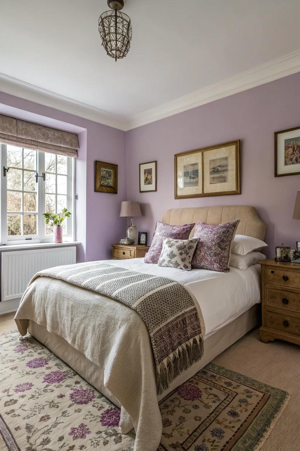 A boudoir boasting walls painted with soft lilac tones.