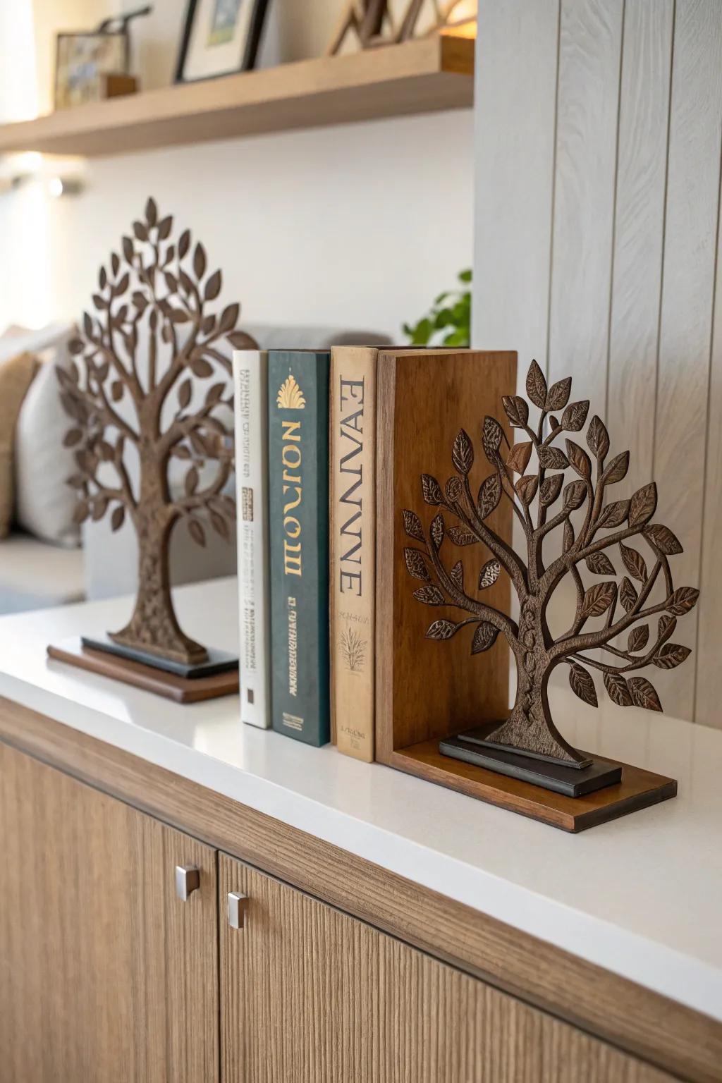 Arbor Vitae bookends give a stylish bookshelf a unique touch.