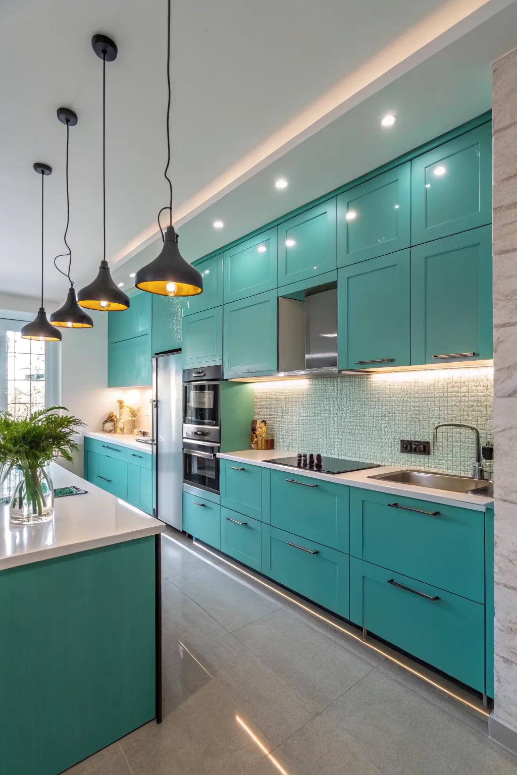 Strategic illumination enhancing the elegance of turquoise cooking area cabinets.