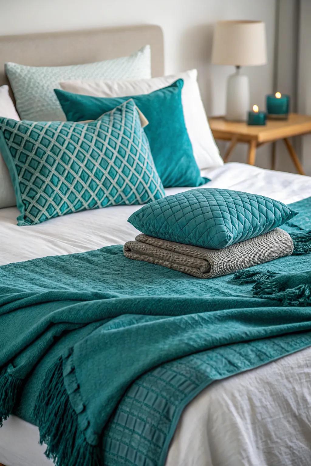 Teal throws and pillows for added comfort.