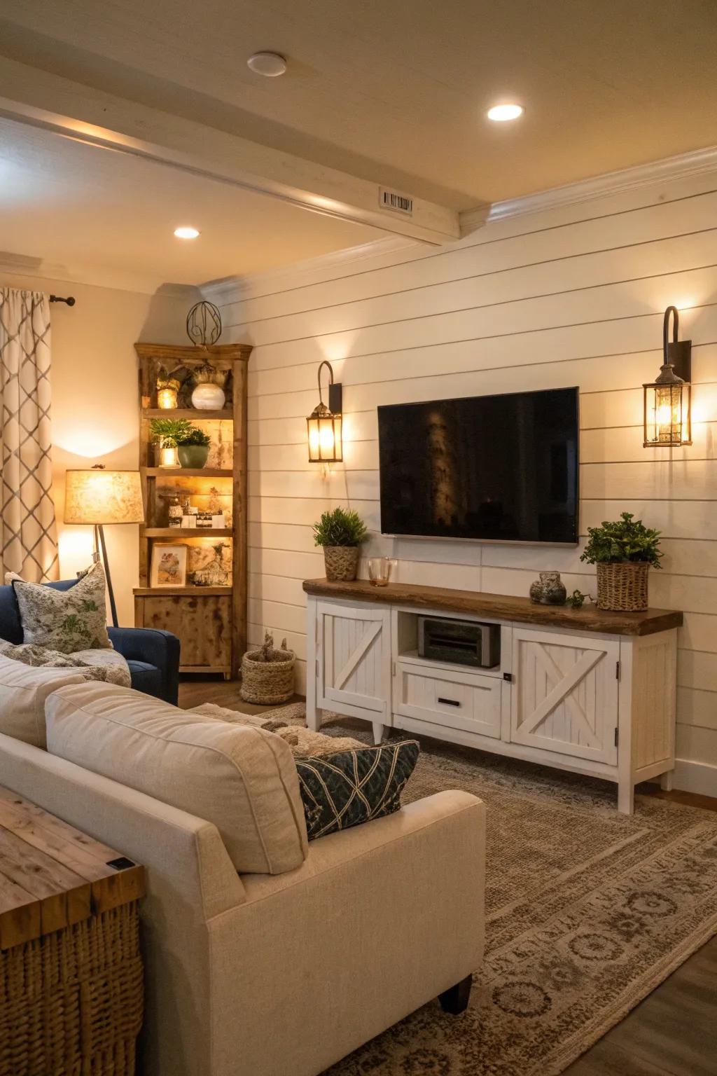 Overlap board imparts cozy charm to this TV accent wall, perfect for a farmhouse style.