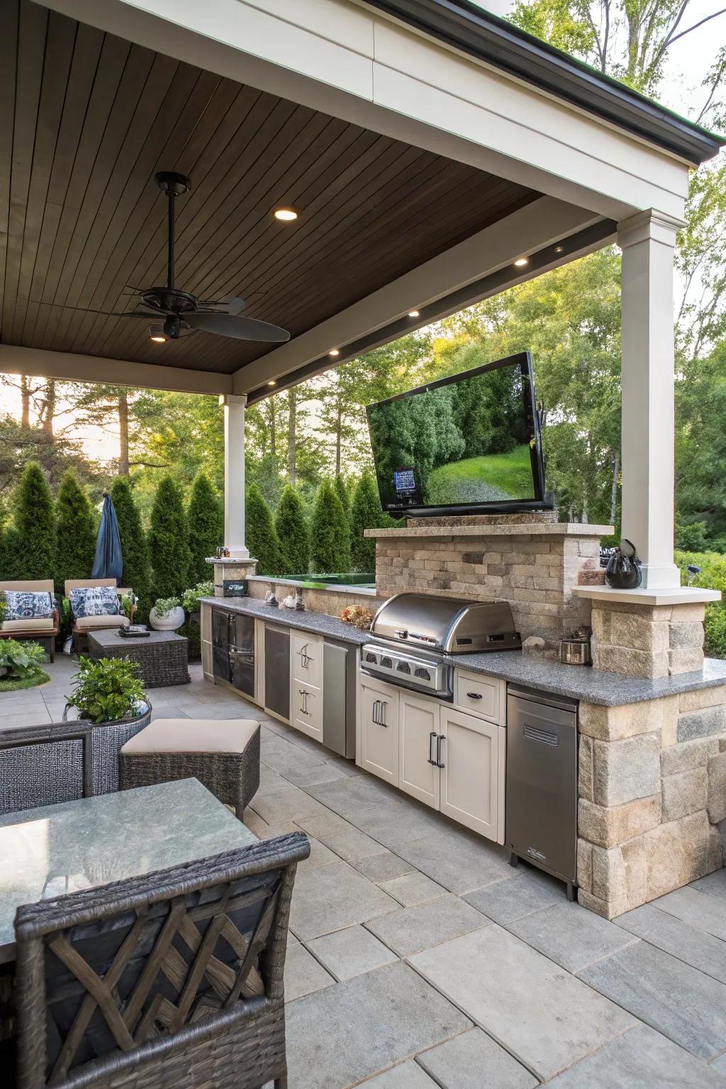 An outdoor cooking space with a television, mixing indoor comforts with outdoor entertainment.
