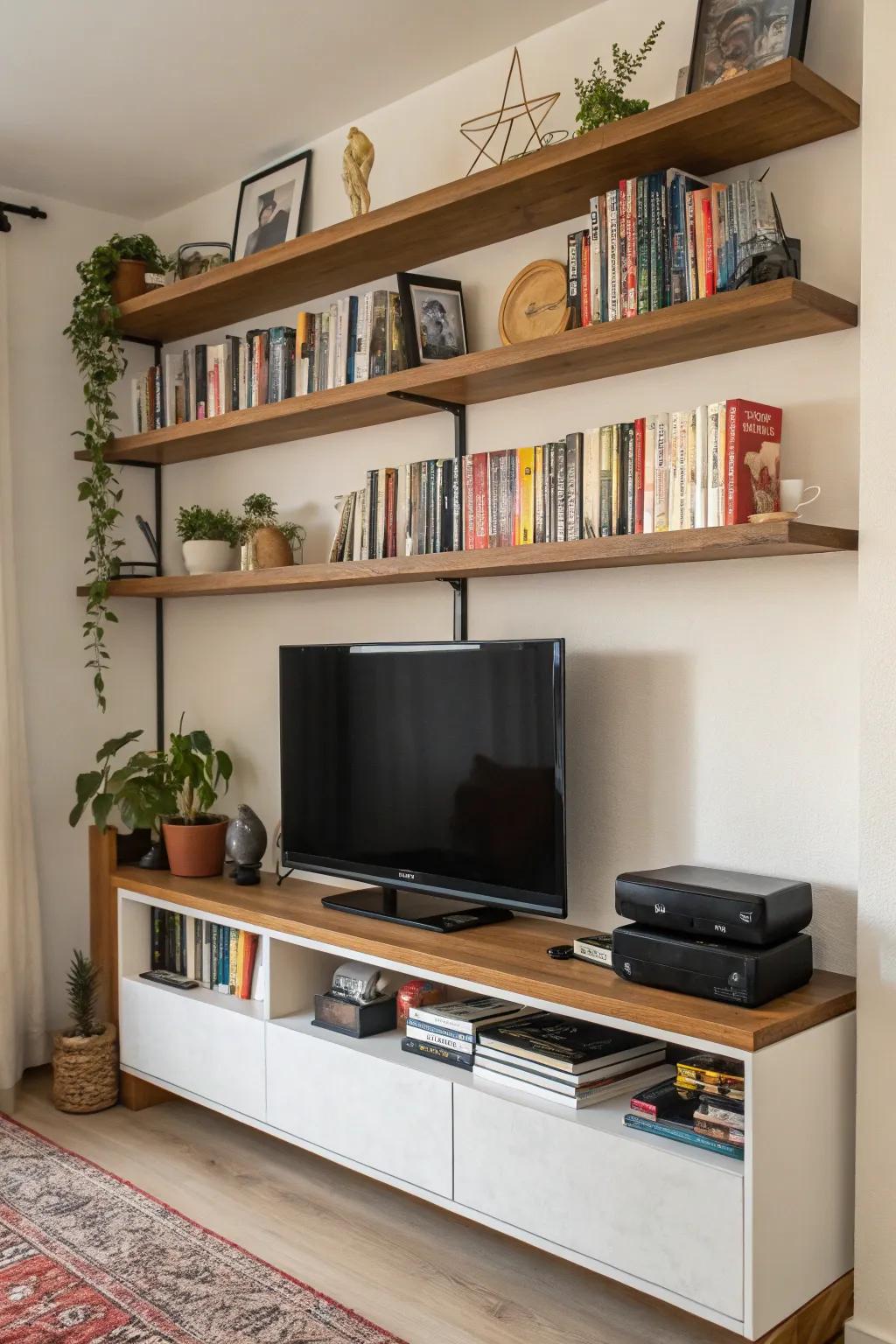 Racks filled with personal items append character to this TV wall.