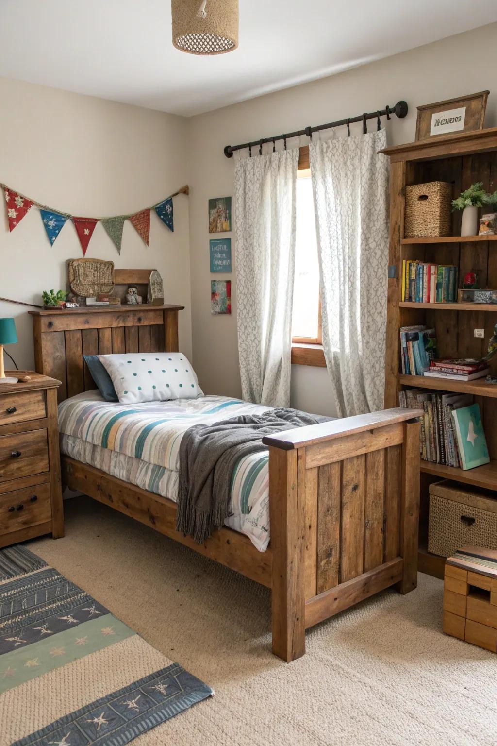 A room featuring earth-friendly materials such as reclaimed wood and organic cotton.