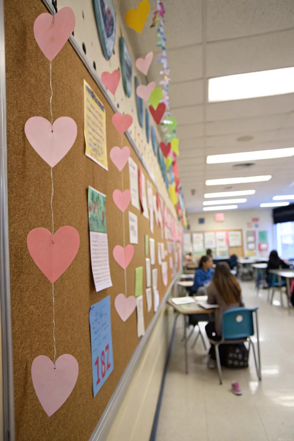 A Hovering Hearts notice board featuring bewitching suspended ornaments.