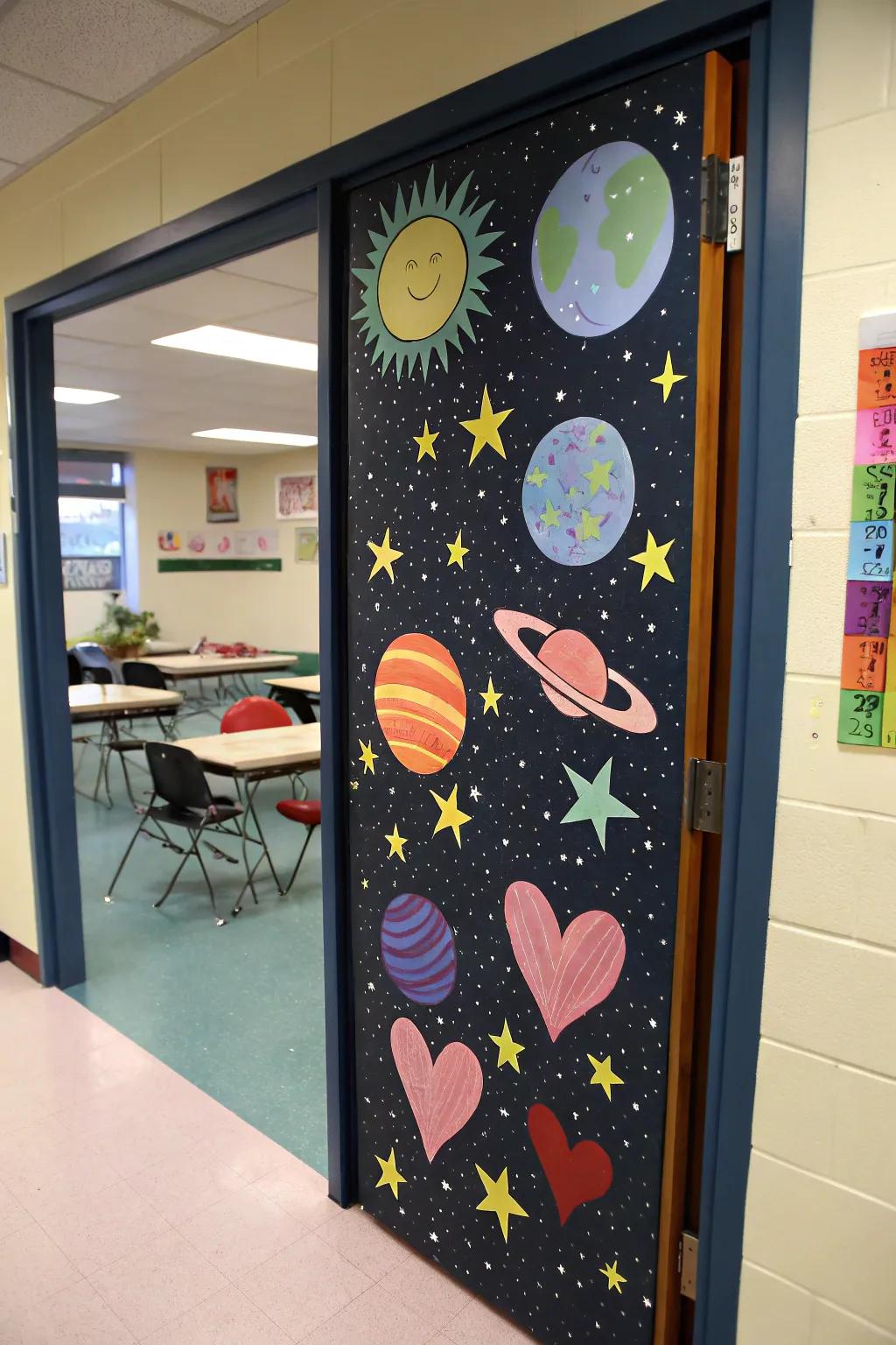 A cosmic-themed classroom entrance with orbs, constellations, and heart motifs.
