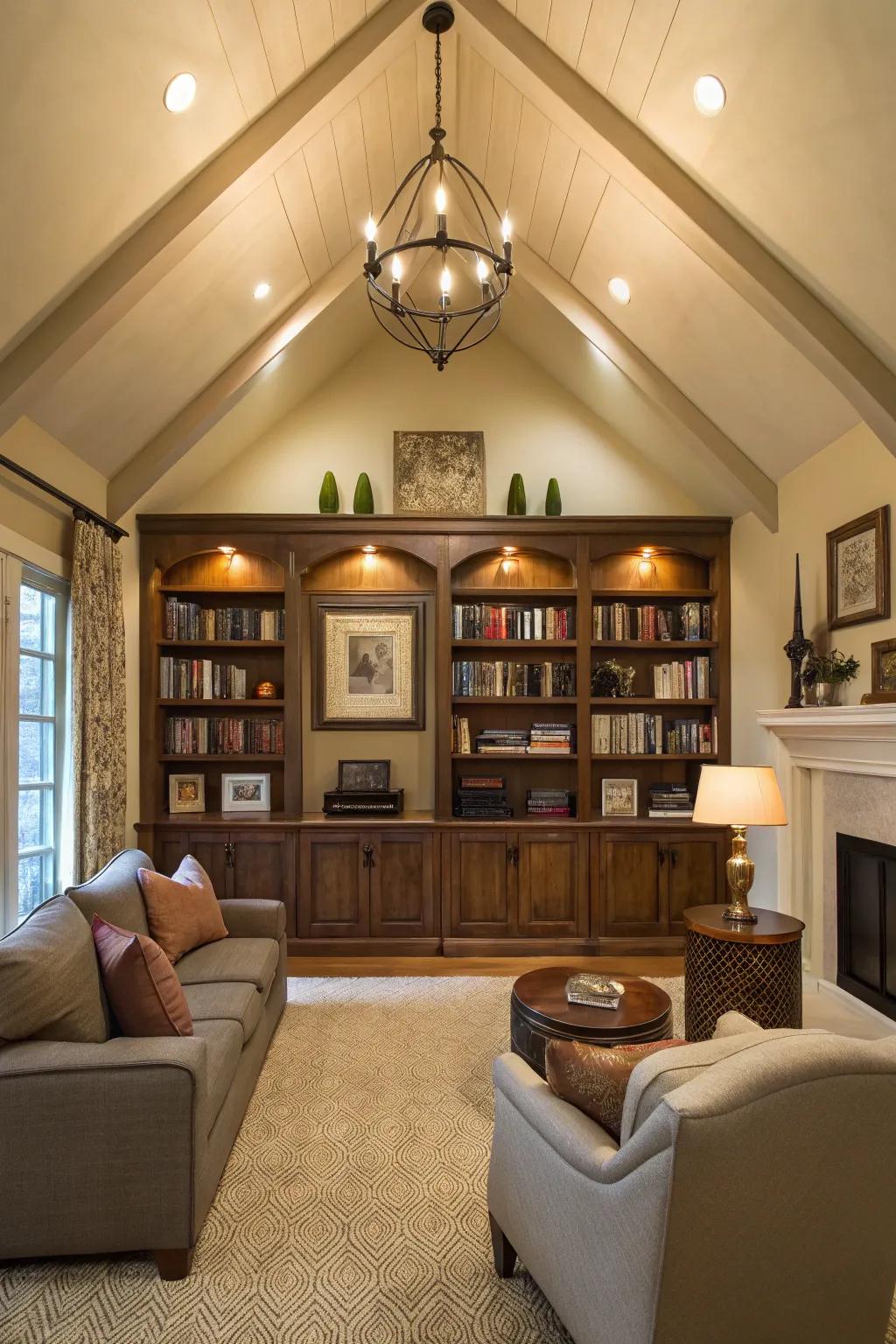 Living room with vaulted ceiling and integrated racks
