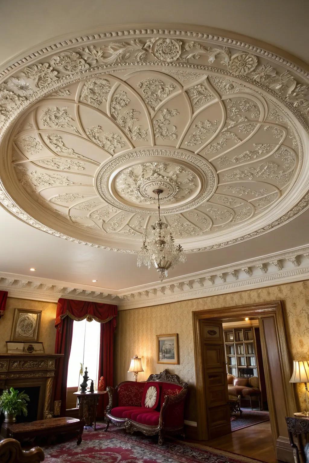 A decorative roof rose enhances an elegant finishing touch to the room.
