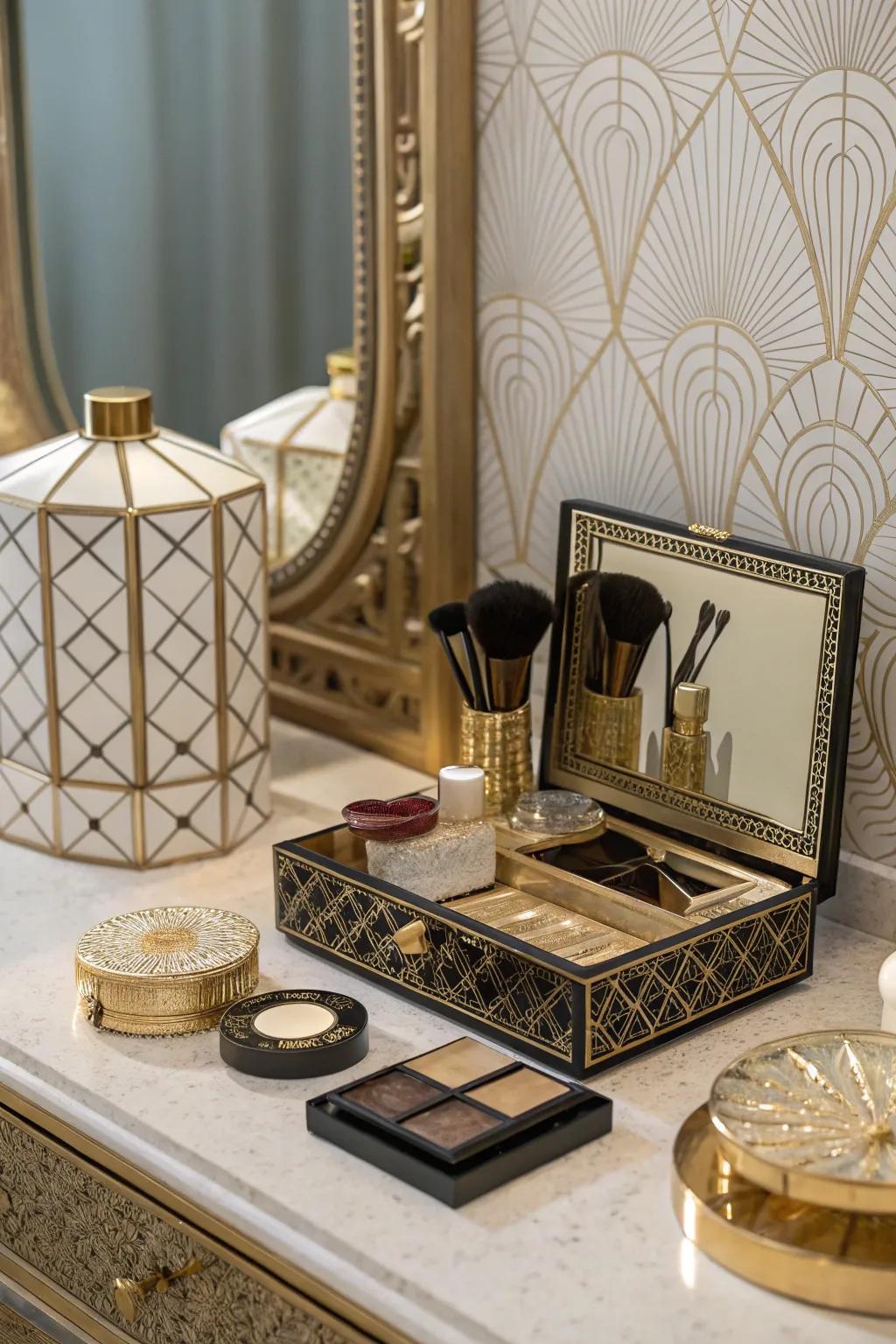 A themed arrangement provides a cohesive and stunning vintage vanity look.