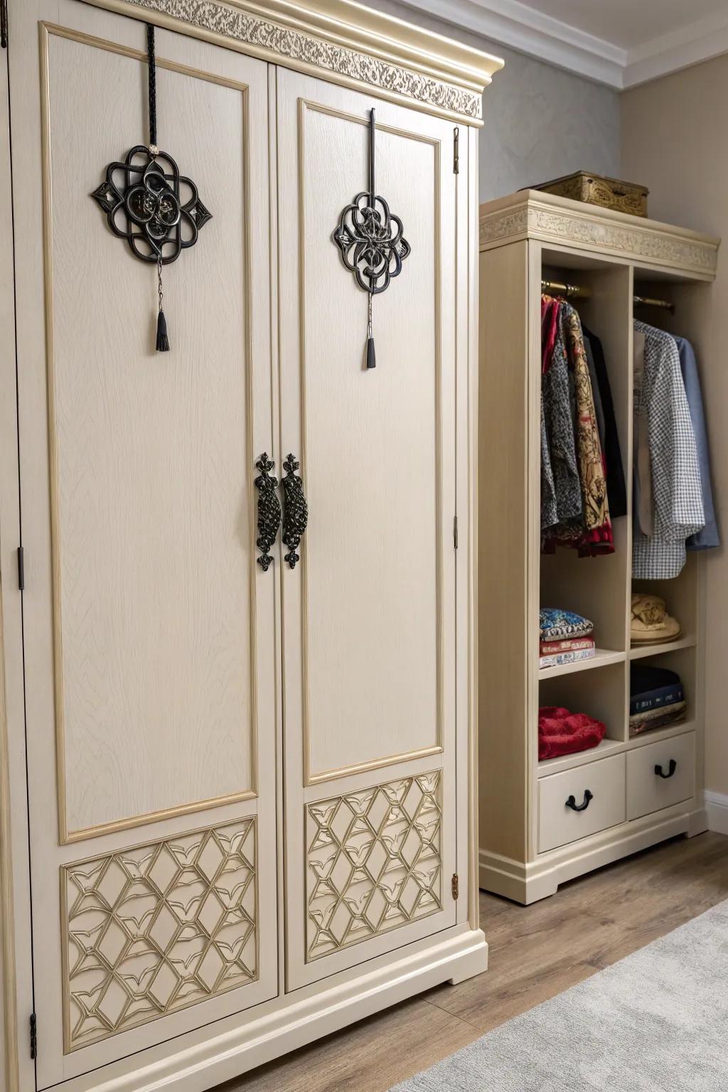 Decorative handles adding personality to the wardrobe.