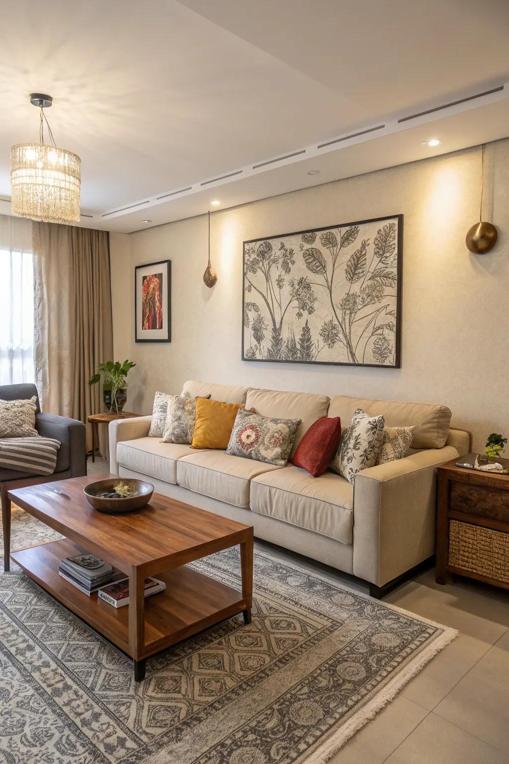 A prominent item imparts emphasis and anchors a neutral living area.