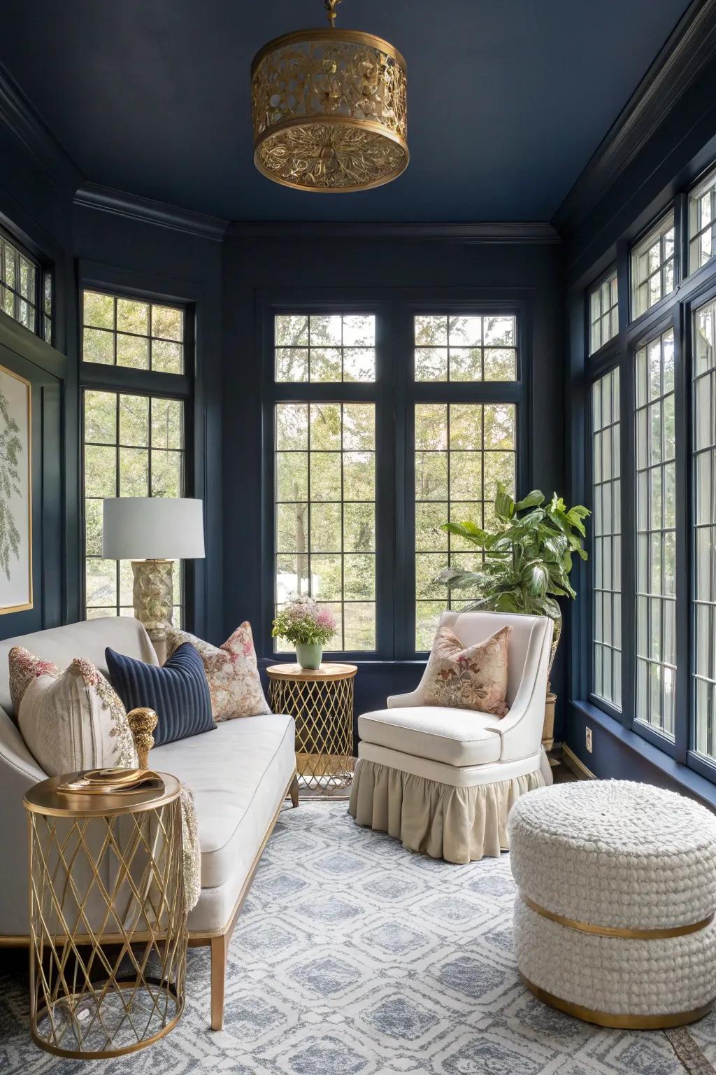 Sunroom with timeless lake walls, providing bold contrast and sophistication.