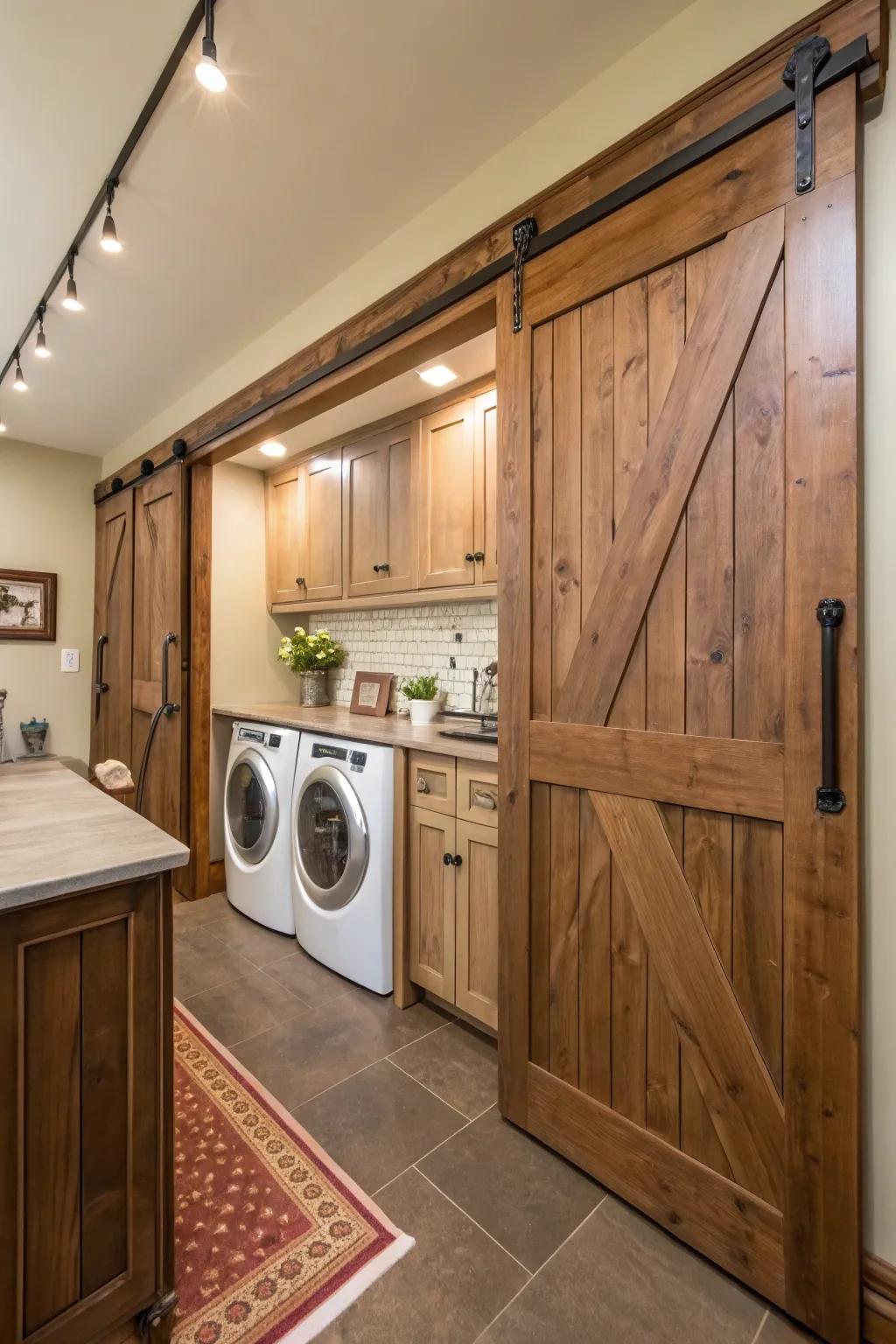 Sliding doors add rustic charm while hiding the laundry pair.