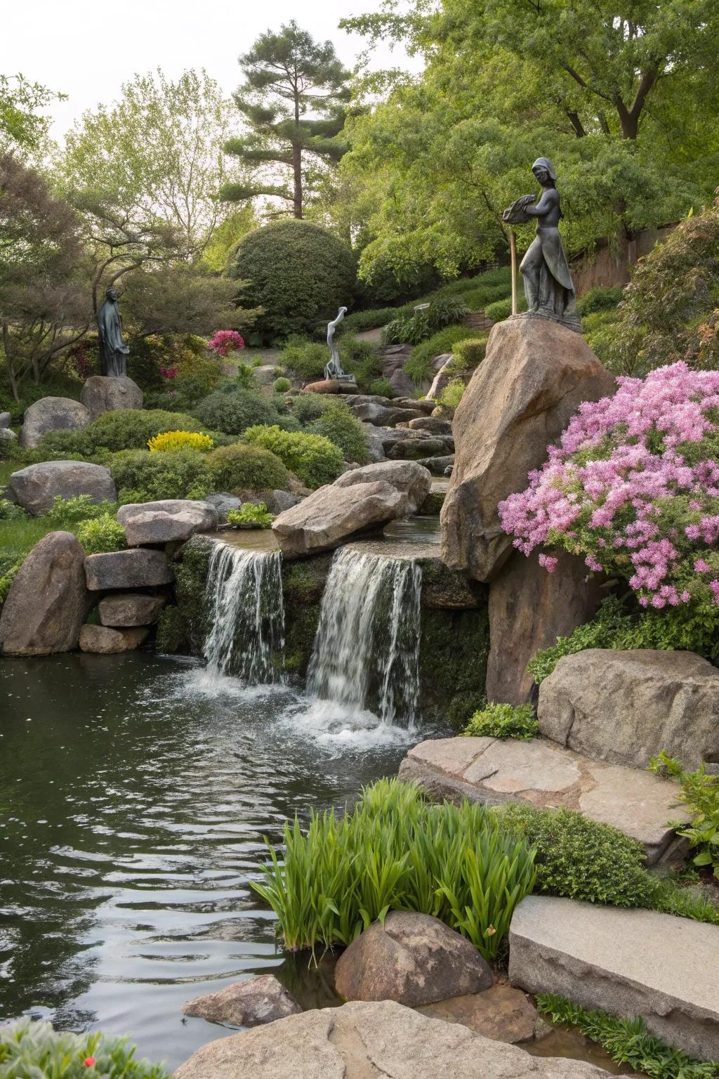 Mix art with nature through a sculpture water feature.