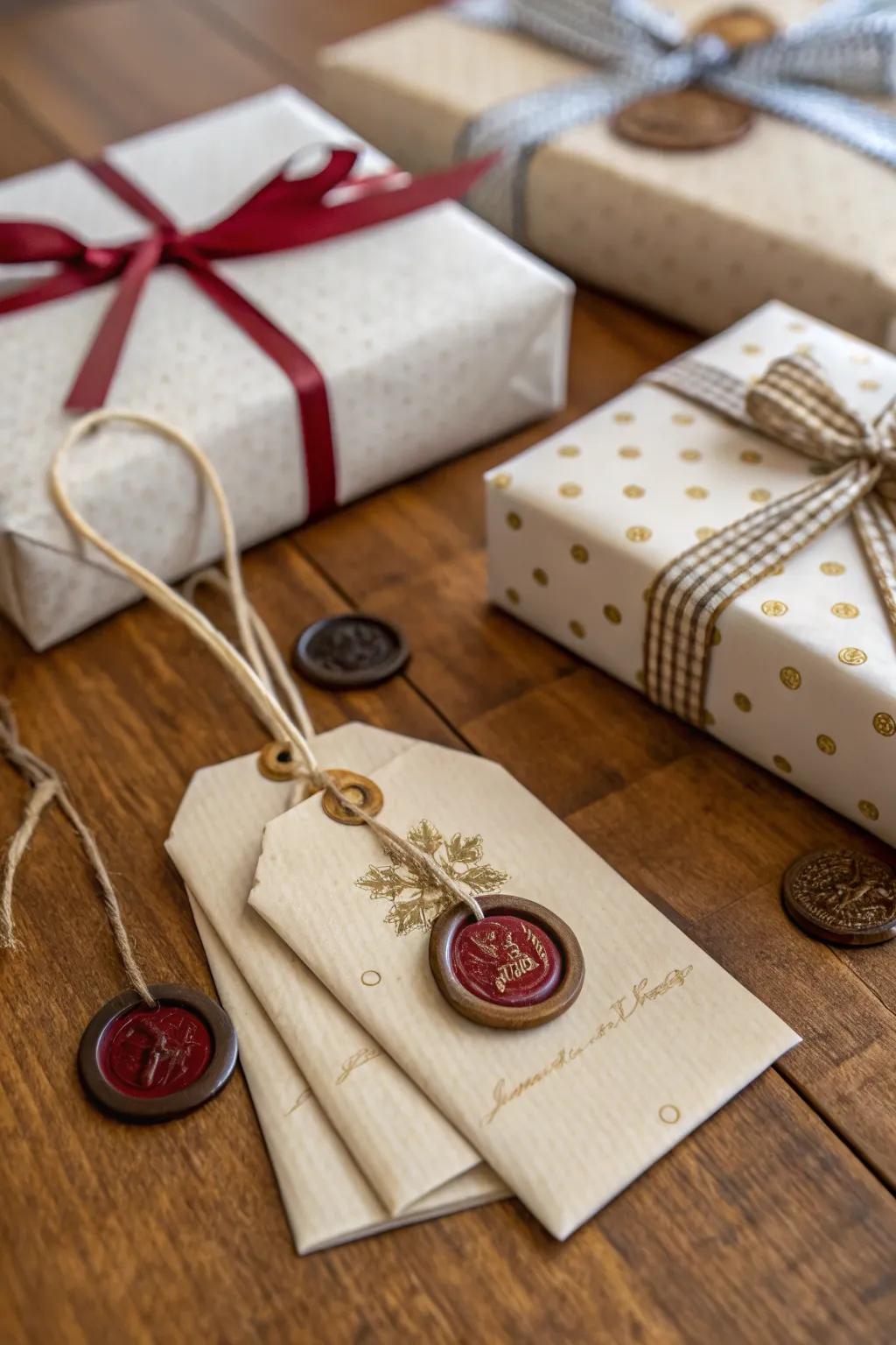 Gift labels enhanced with wax seals, offering an elegant and personal accent to your gifts.