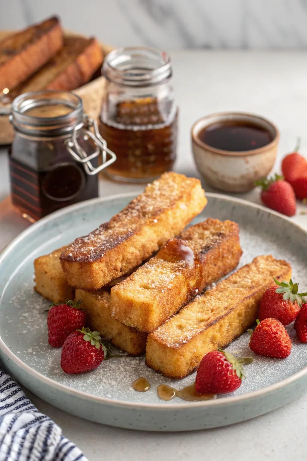 A classic treat of French toast sticks served using syrup for dipping.