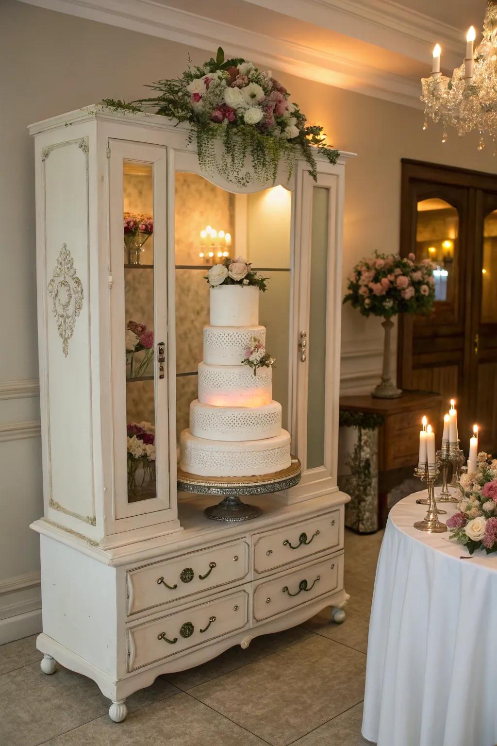 A classic wardrobe presenting a distinctive foundation for the wedding cake.