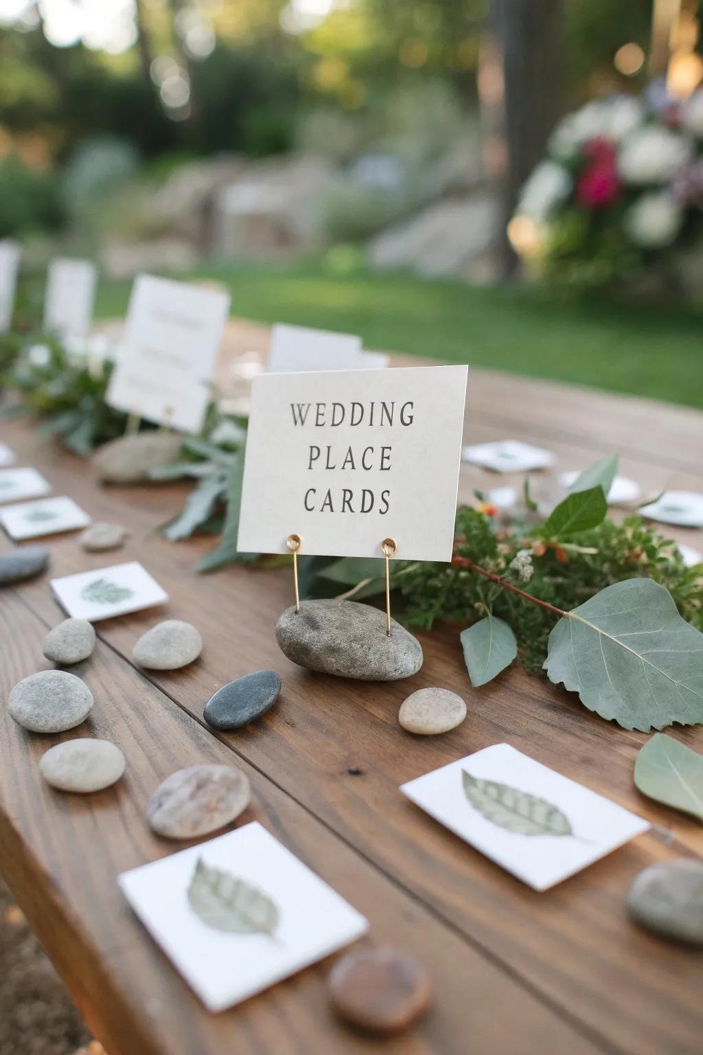 Inventive wedding placement symbols made with natural elements such as leaves and stones.