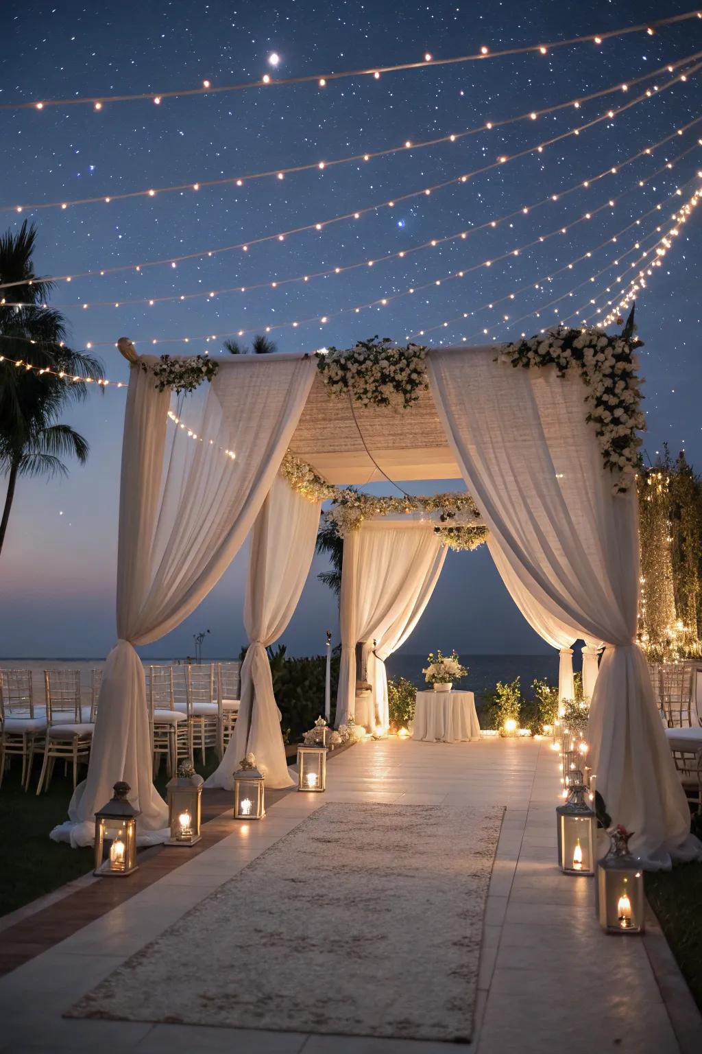 Capture moonlit magic with ethereal fabric and twinkling illumination.